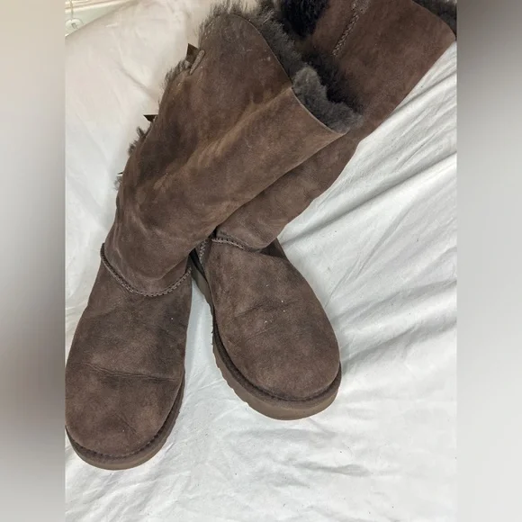 UGG Tall brown Suede Winter Boots BAILEY BOW II Triple Bows - Picture 5 of 8